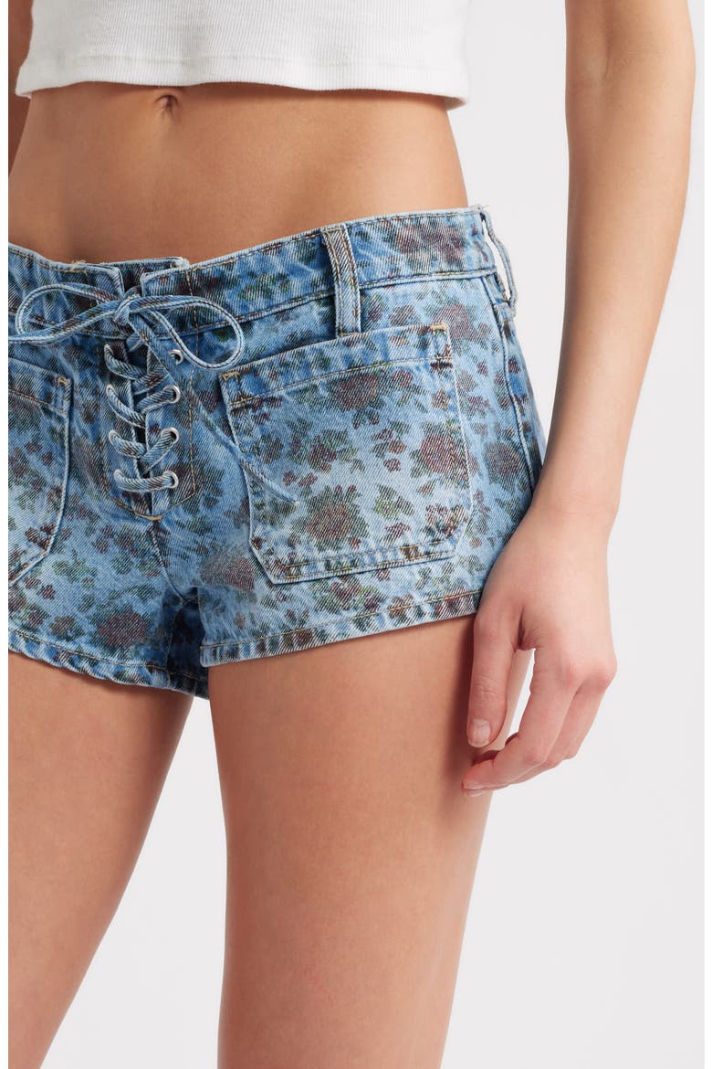 Nara Floral Lace-Up Low Rise Denim Shorts, Alternate, color, INDIGO