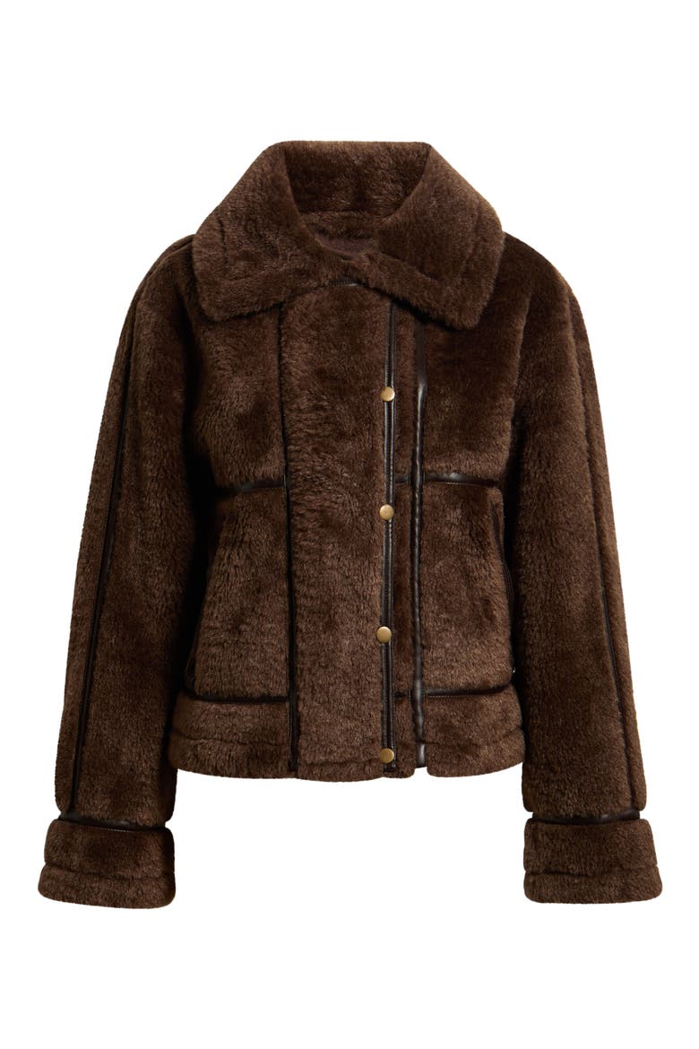 Faux Fur Jacket with Faux Leather Trim, Alternate, color, BROWN