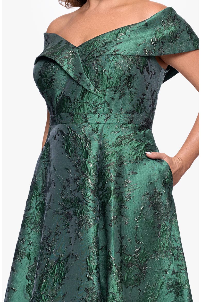 Metallic Brocade Off the Shoulder Gown, Alternate, color, DARK GREEN