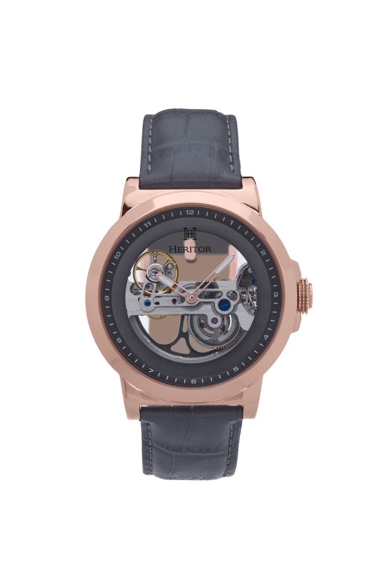 Heritor Automatic Xander Semi-Skeleton Leather-Band Watch, Main, color, 