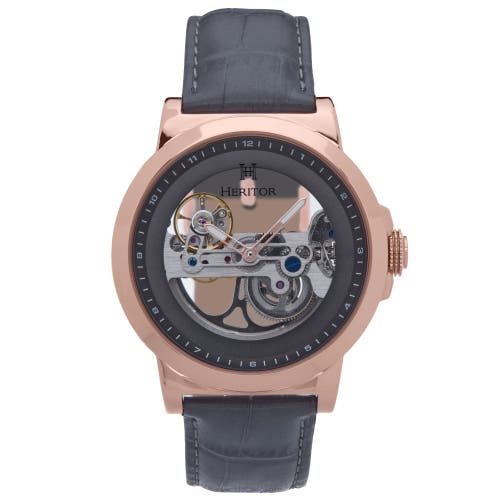 Heritor Automatic Xander Semi-Skeleton Leather-Band Watch in Rose Gold/gray at Nordstrom