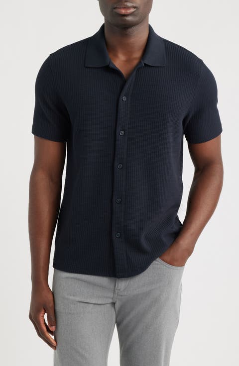 Grid Waffle Knit Button-Up Shirt