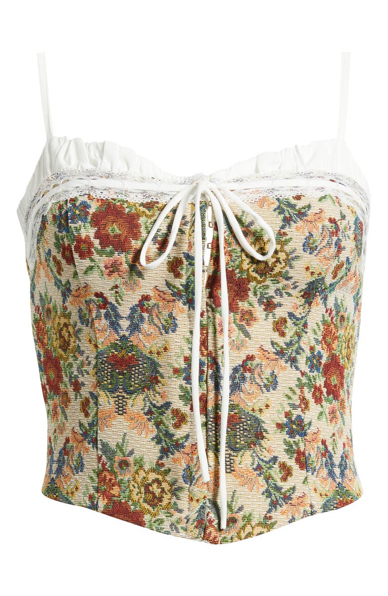All in Favor Lace Trim Tapestry Corset Top, Alternate, color, Taupe Multi