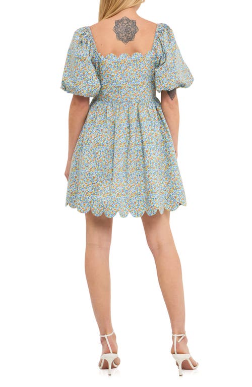 Free The Roses Scallop Trim Floral Cotton Minidress In Blue Multi