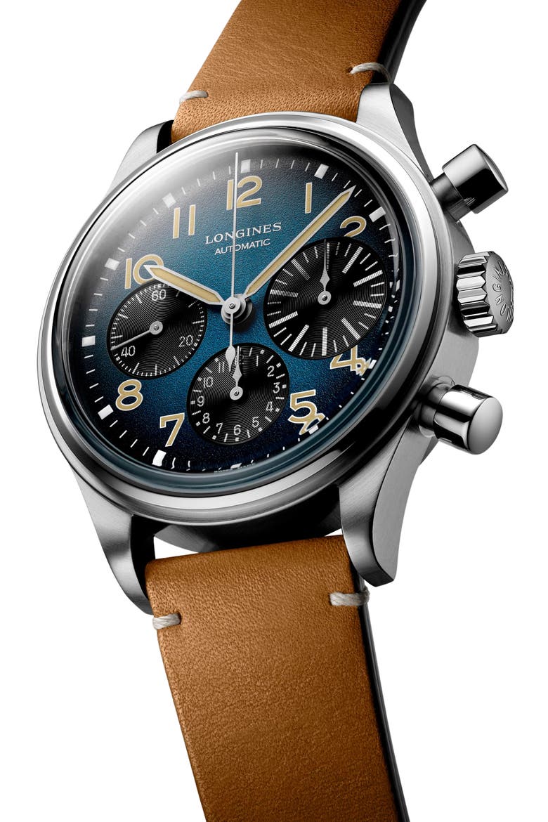 Aviation BigEye Automatic Chronograph Leather Strap Watch, 41mm, Alternate, color, PETROLEUM