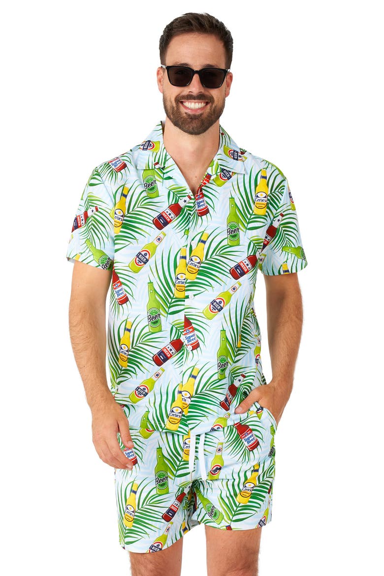 Tropical Beers Button-Up Shirt & Drawstring Shorts Set, Alternate, color, BLUE