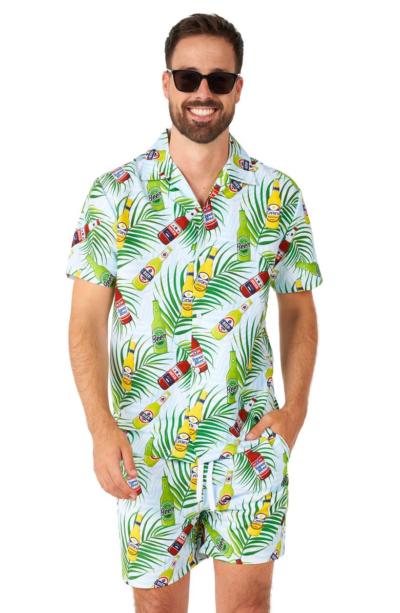 OppoSuits Tropical Beers Button-Up Shirt & Drawstring Shorts Set, Alternate, color, Blue