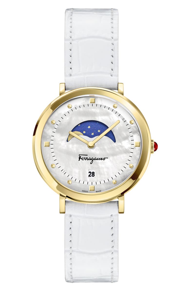 FERRAGAMO Logomania Moon Phase Croc Embossed Leather Strap Watch, 36mm, Main, color,