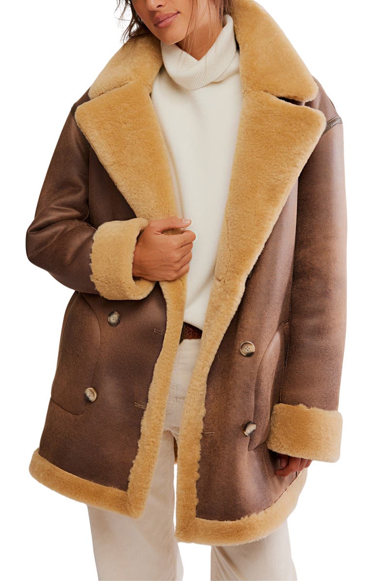Free People Mari Double Breasted Reversible Faux Shearling Coat, Alternate, color, Tan Cream Combo