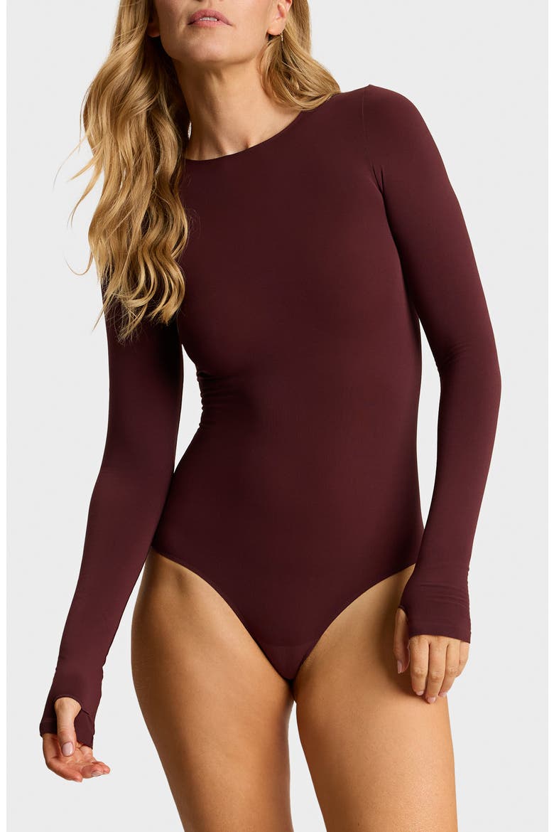 Ballet Thumbhole Cuff Bodysuit, Main, color, RAISIN