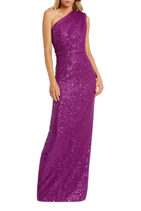 Petite One Shoulder Ruched Sequin Evening Gown