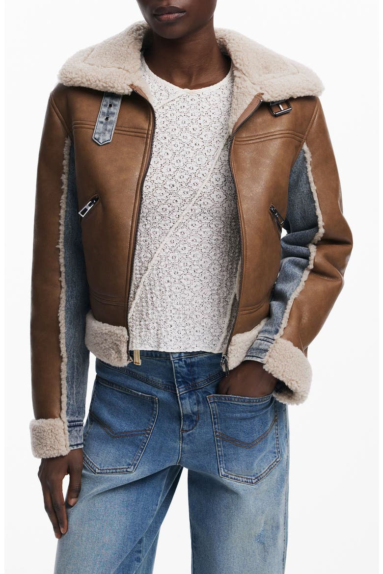 Mixed Media Faux Leather Jacket with Faux Shearling Trim, Main, color, BROWN
