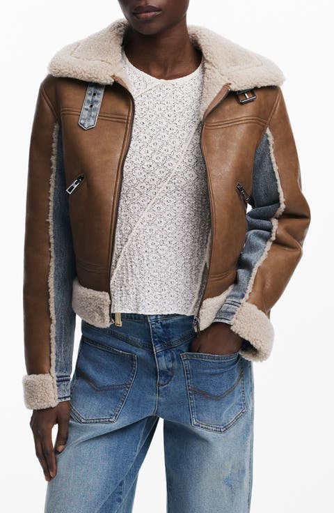 Mixed Media Faux Leather Jacket with Faux Shearling Trim