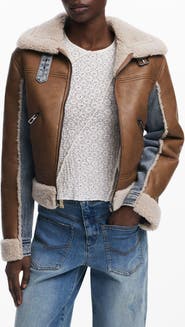 Desigual Mixed Media Faux Leather Jacket with Faux Shearling Trim