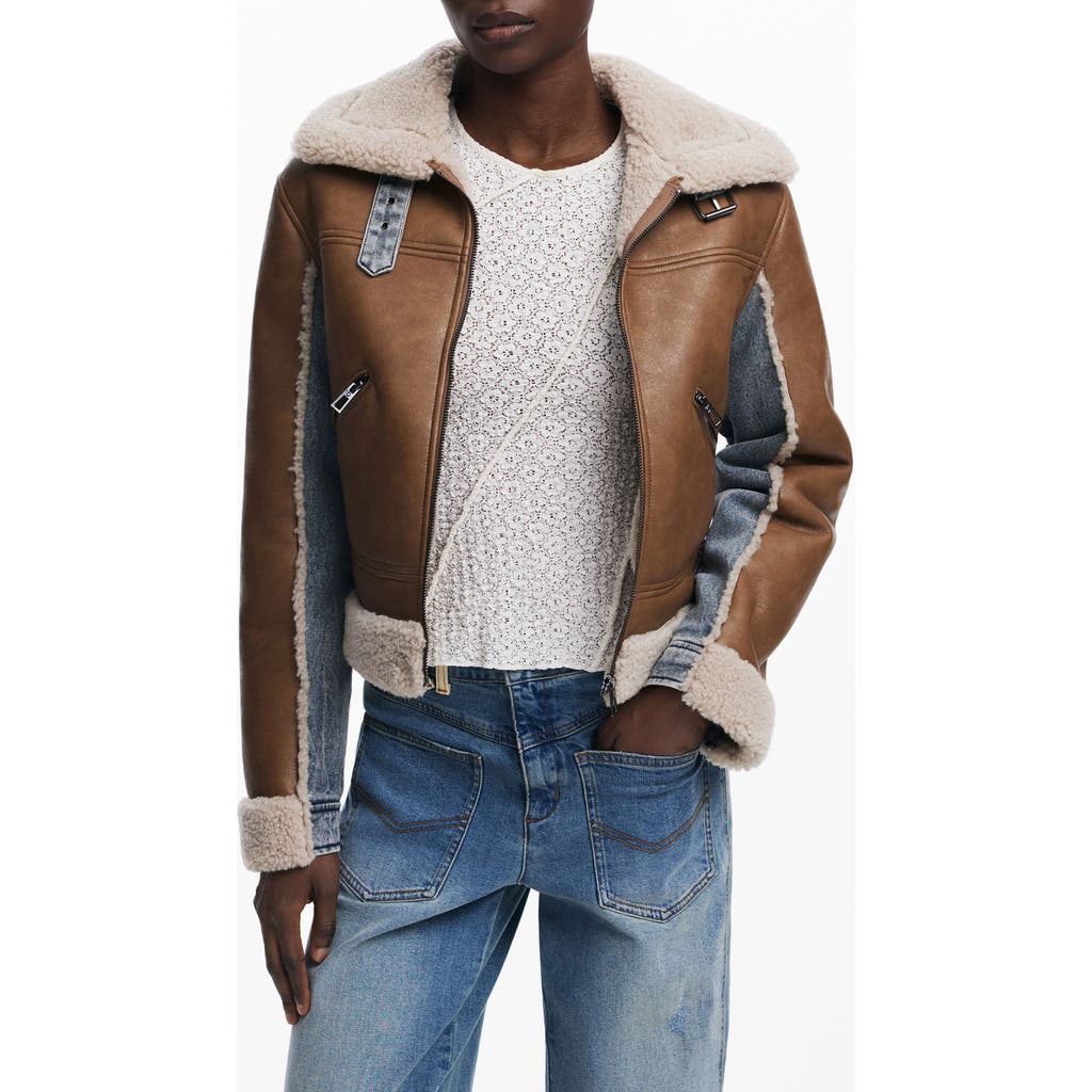 Desigual Mixed Media Faux Leather Jacket With Faux Shearling Trim In Brown