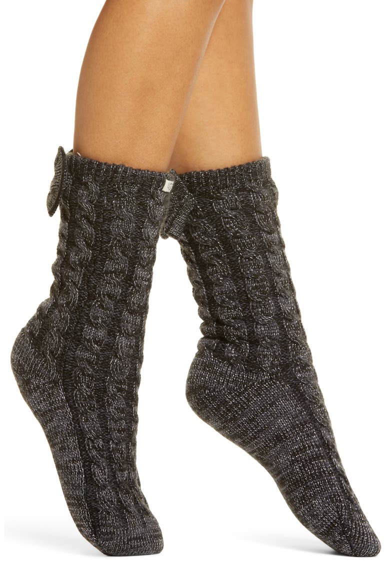 Laila Bow Fleece Lined Socks, Main, color, CHARCOAL / SILVER