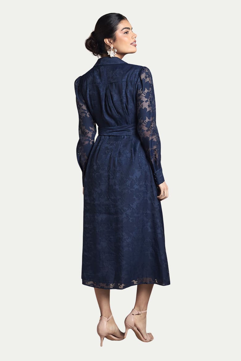 Floral Organza Belted Midi Dress, Alternate, color, Navy