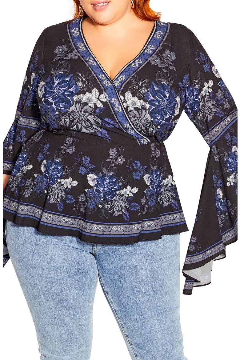 Ashley Floral Surplice Bell Sleeve Top, Main, color, BLACK EPIC BORDER