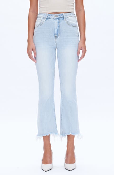 High Waist Fray Hem Ankle Flare Jeans