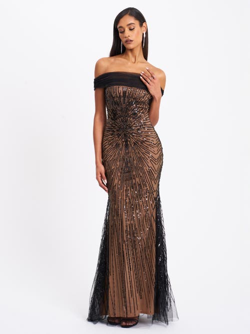 Miss Circle Women Qeturah Embroidered Sequin Off Shoulder Mesh Gown In Brown