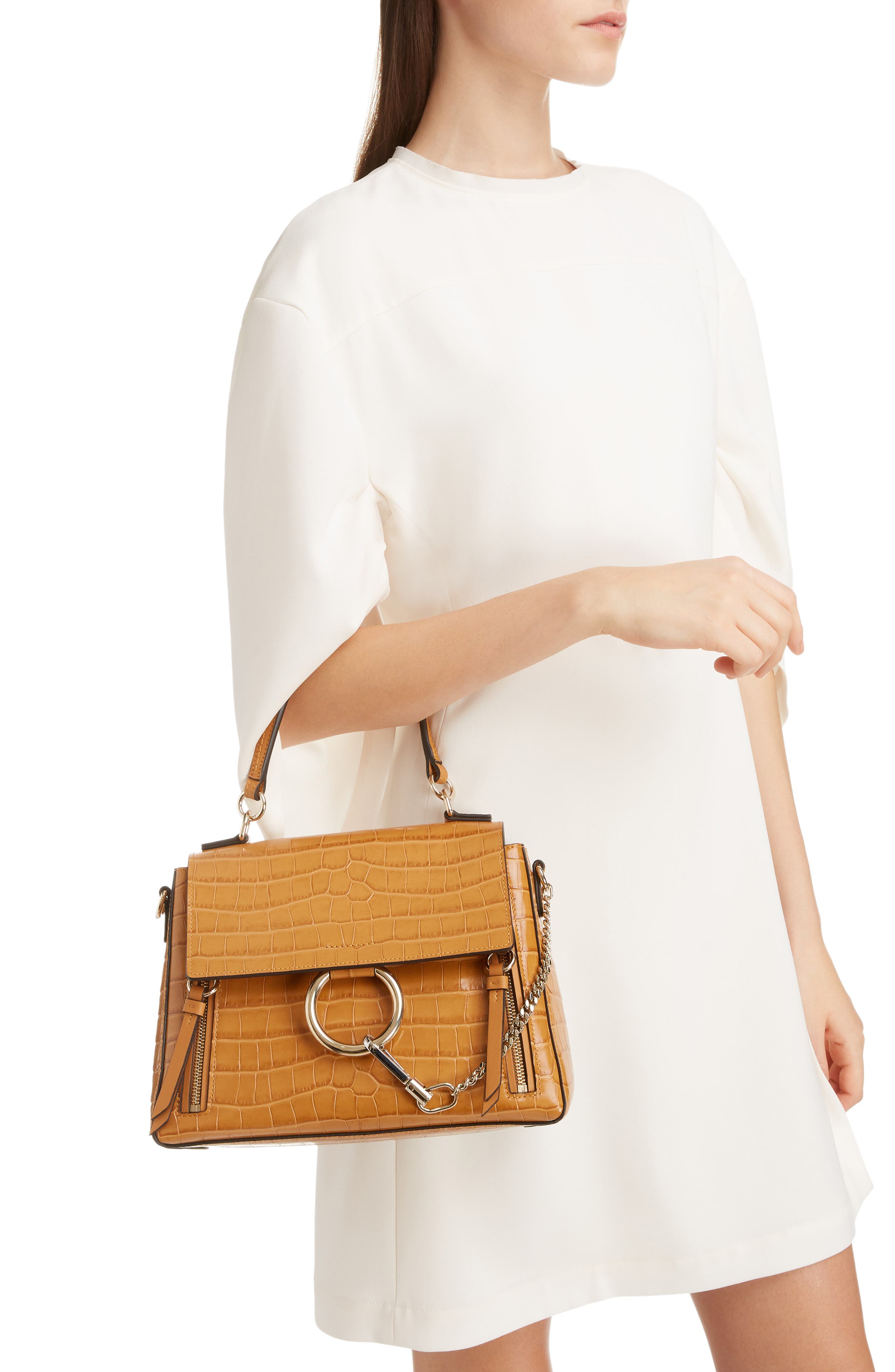 Medium Faye Day Croc Embossed Leather Shoulder Bag, Alternate, color, AUTUMNAL BROWN