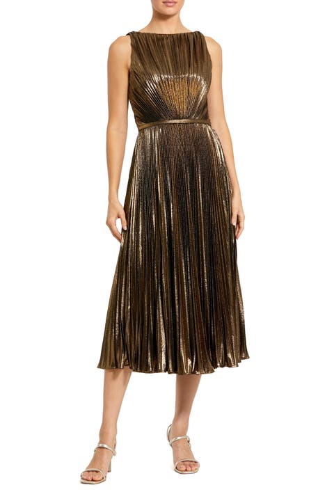 Metallic Pleated High Neck Midi Dress