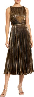 Mac Duggal Metallic Pleated High Neck Midi Dress