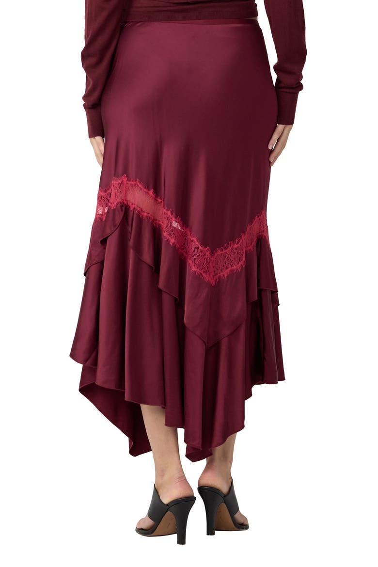 Sylvie Lace Trim Handkerchief Hem Satin Skirt, Alternate, color, CHERRY WOOD