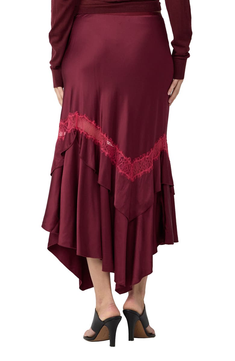 DVF Sylvie Lace Trim Handkerchief Hem Satin Skirt, Alternate, color, Cherry Wood