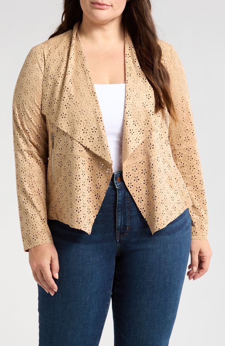 Bagatelle Perforated Floral Faux Suede Drape Jacket, Main, color, Bleached Sand