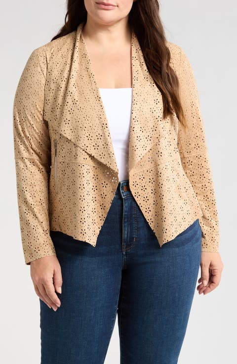 Perforated Floral Faux Suede Drape Jacket (Plus)