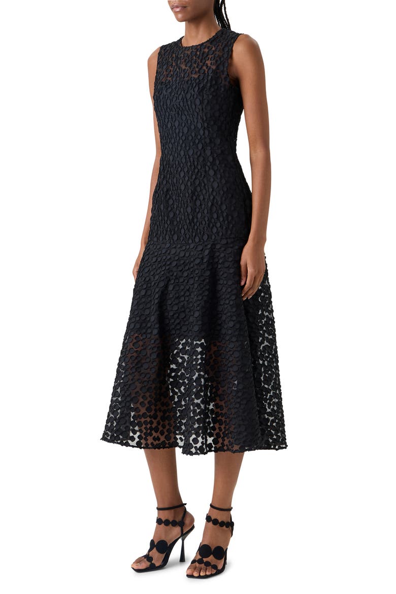 Devoré Dot Organza Flounce Midi Dress, Alternate, color, BLACK