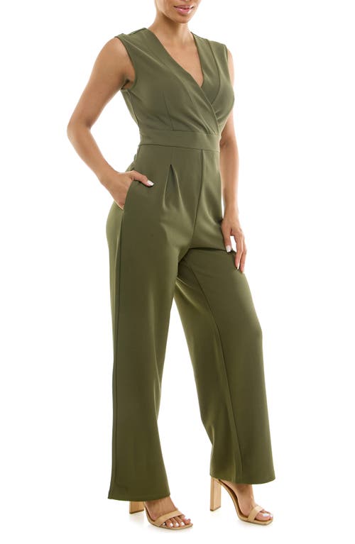 Nina Leonard Surplice V-neck Wide Leg Jumpsuit In Green