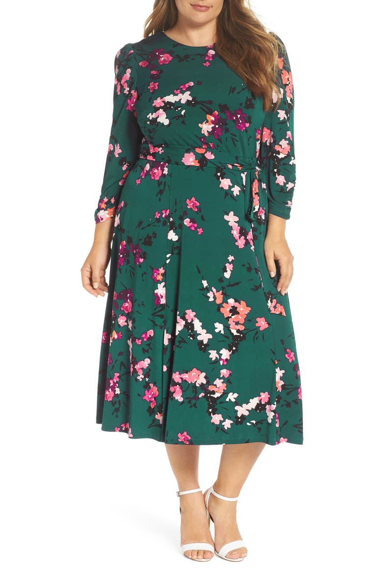 Floral Print Midi Dress, Main, color, GREEN