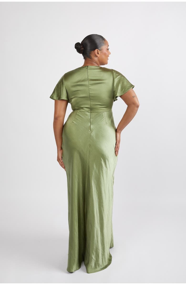 Six Stories Flutter Sleeve Satin Bridesmaid Dress, Alternate, color, Moss Green