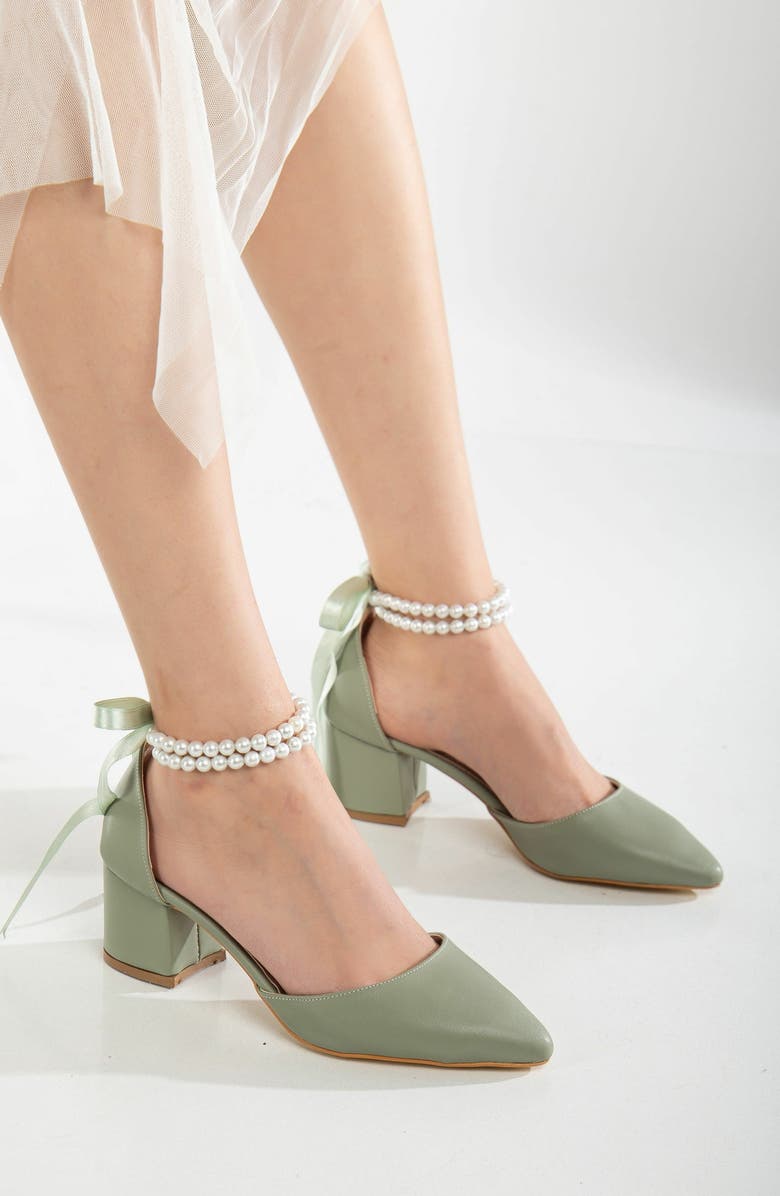 Forever & Always Shoes Miranda Low Block Heels with Pearls, Alternate, color, Sage Green Faux Leather