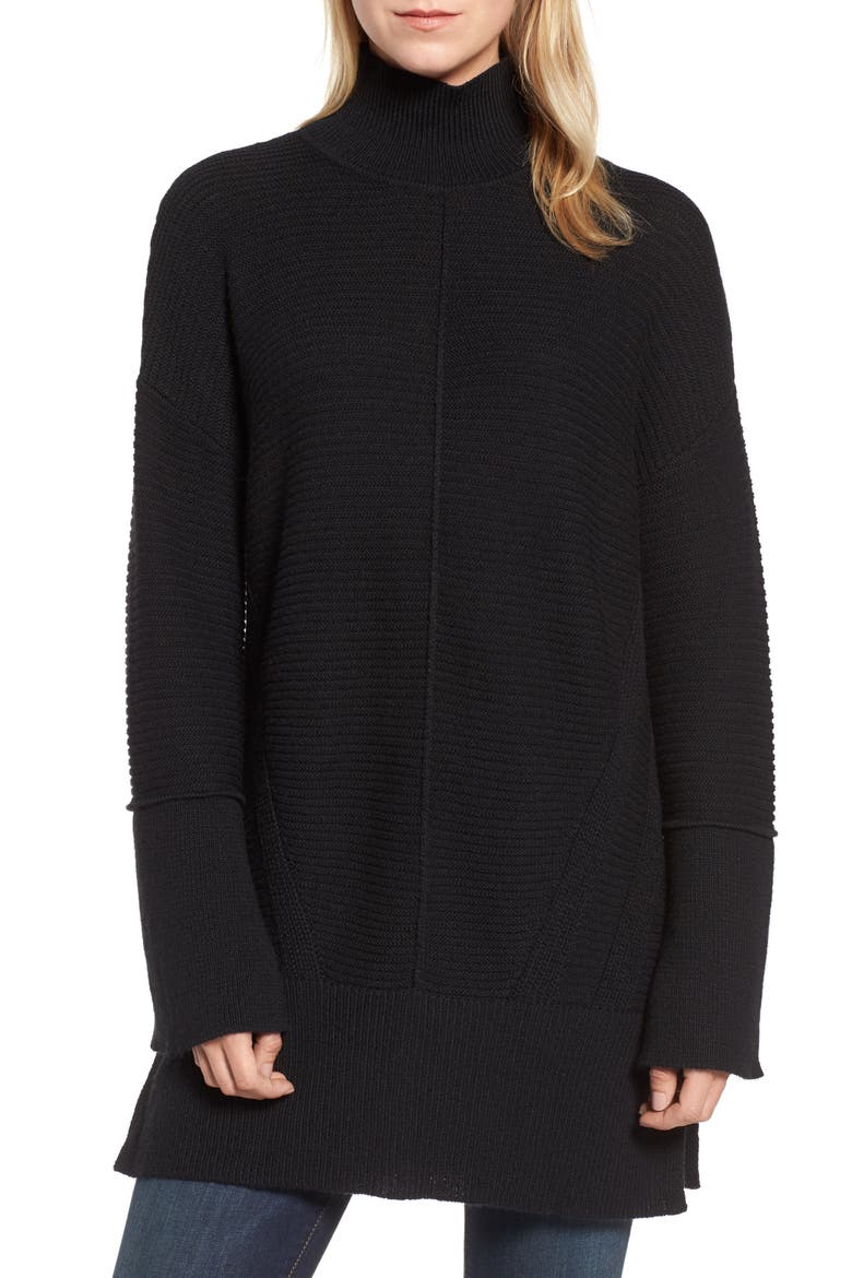 Ribbed Turtleneck Tunic Sweater, Main, color, BLACK