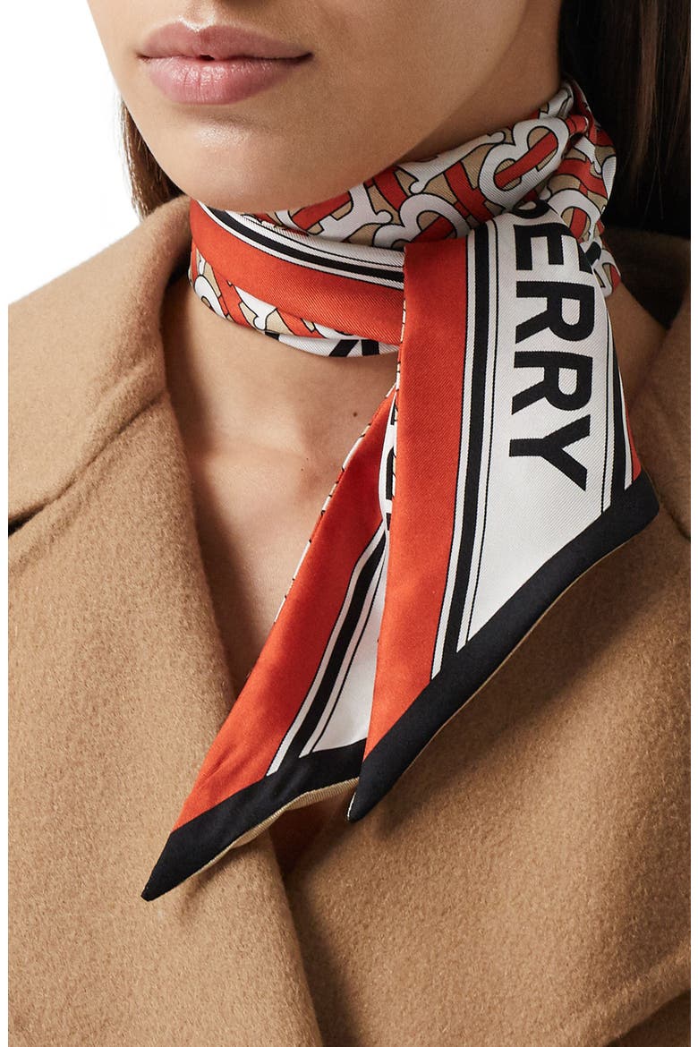 Logo & TB Monogram Print Skinny Silk Scarf, Main, color, VERMILLION