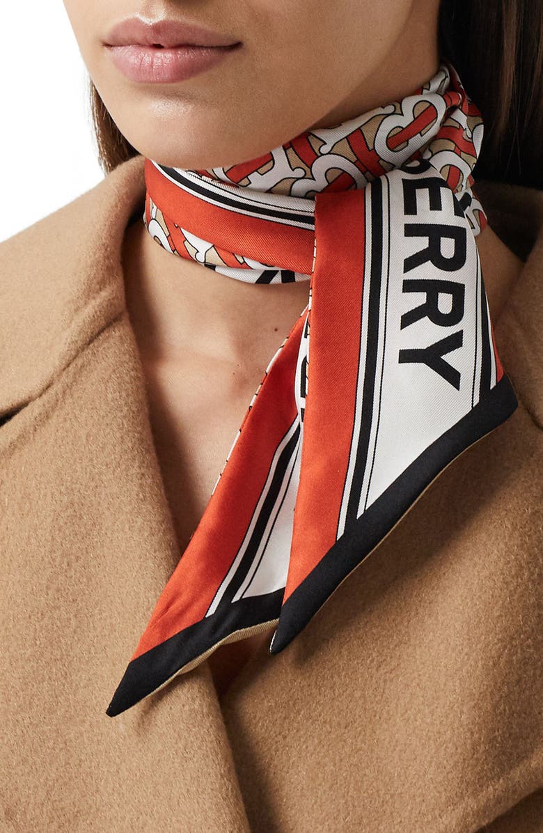 Burberry Logo & TB Monogram Print Skinny Silk Scarf, Main, color,