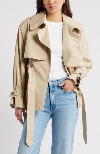 Open Edit Exaggerated Crop Trench Coat In Tan Safari