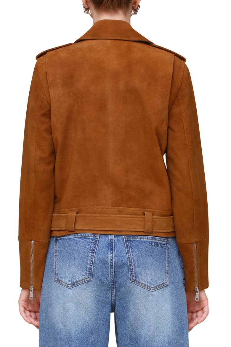 Belted Suede Moto Jacket, Alternate, color, CAMEL