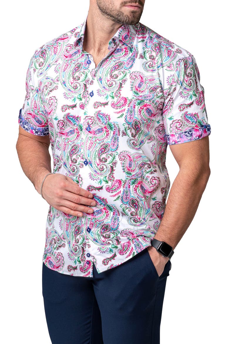Galileo Paisley Print Short Sleeve Cotton Button-Up Shirt, Alternate, color, WHITE