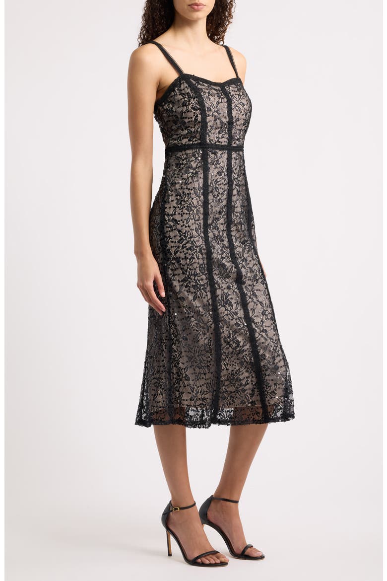 Sequin & Lace Seam Detail Midi Dress, Alternate, color, BLACK/ NUDE