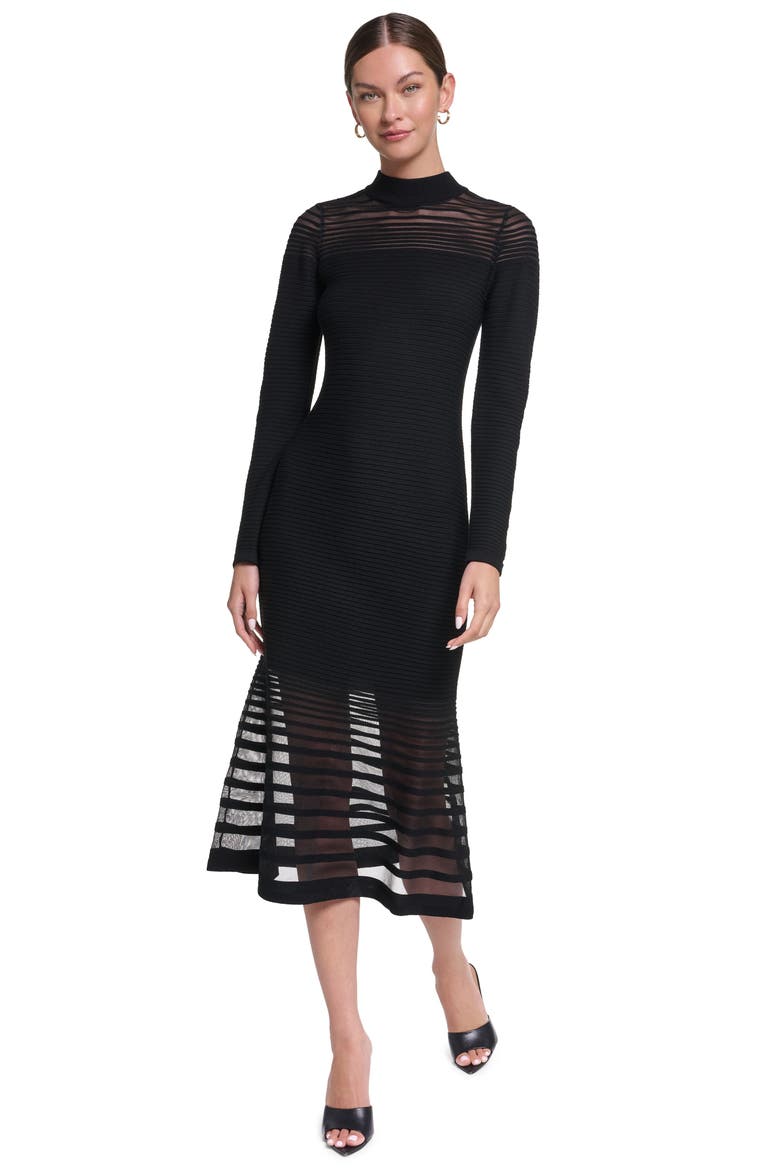 Long Sleeve Knit Maxi Dress with Sheer Detail, Main, color, Black