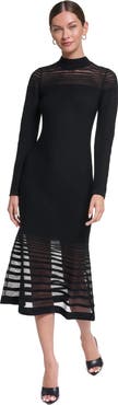 HALSTON Long Sleeve Knit Maxi Dress with Sheer Detail