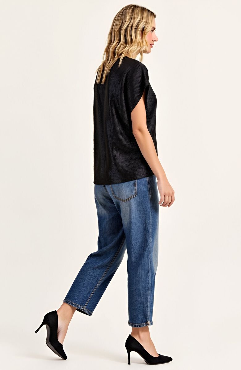 Modenaire Short Sleeve Textured Satin Blouse with Relaxed Fit and Keyhole Back, Alternate, color, 