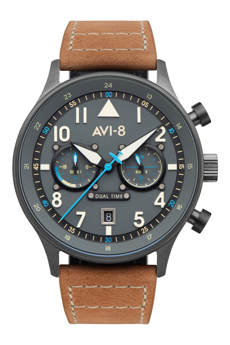 Hawker Hurricane Carey Chronograph Leather Strap Watch, 44mm, Main, color, GREY