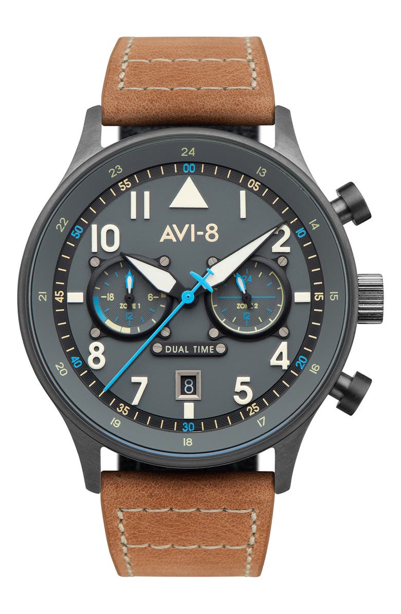 AVI-8 Hawker Hurricane Carey Chronograph Leather Strap Watch, 44mm, Main, color, Grey