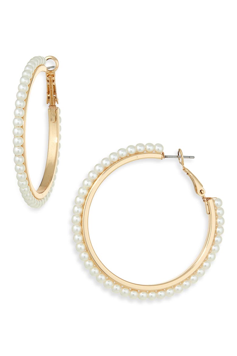 Faux Pearl Hoop Earrings, Main, color, PEARL