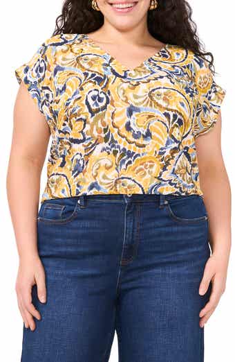 Vince Camuto Swirl V-Neck Drop Shoulder Top
